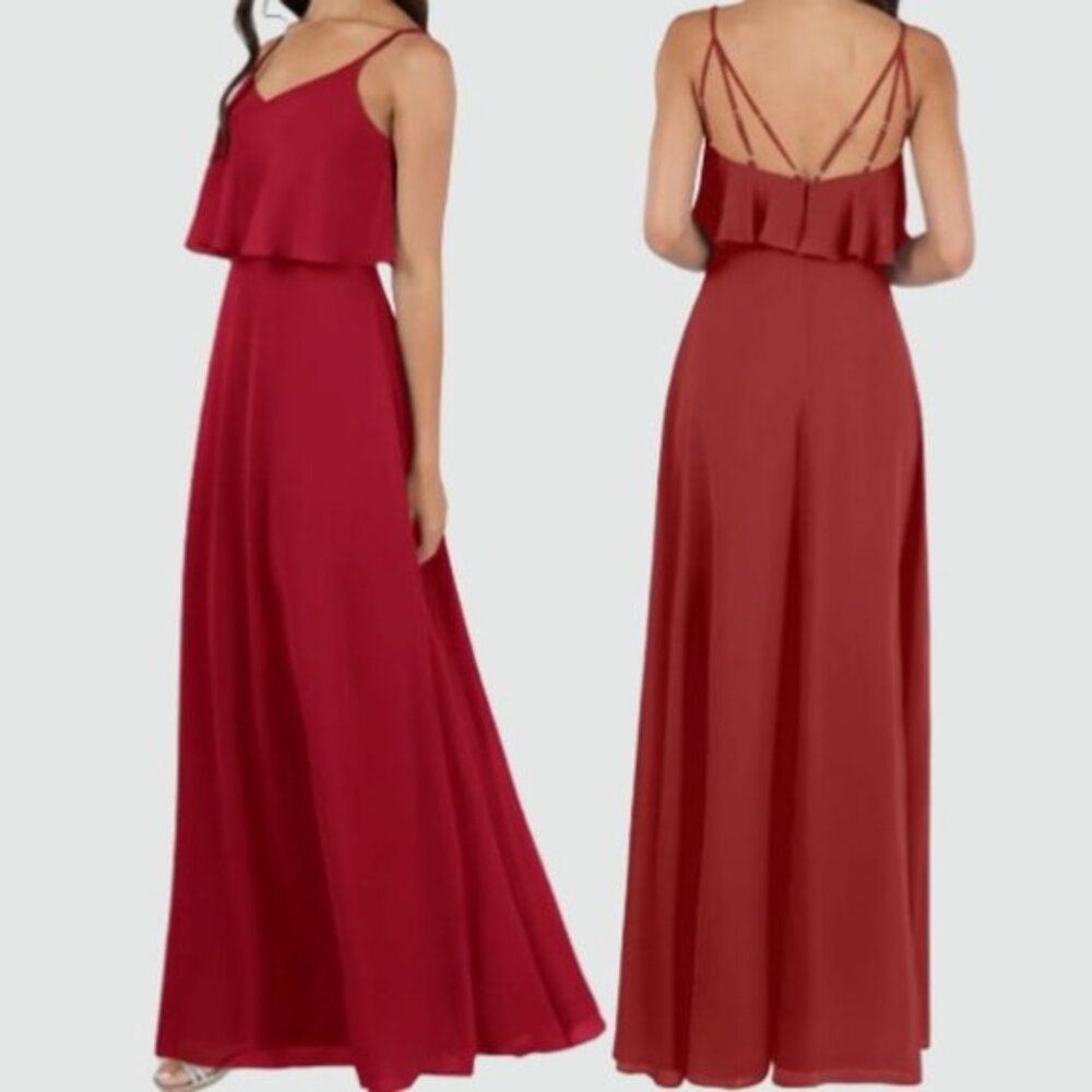Bridesmaid Dress MEDIUM Red Maxi Long Gown Strappy Layered Wedding AZAZIE